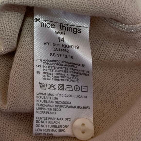 Nice Thing Mini Beige Metallic 3/4 Sleeve Button Crop Cardigan Sweater Top Sz 14 - Picture 5 of 5